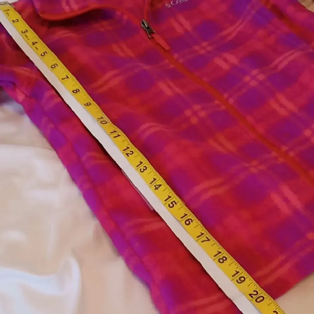 Columbia Girls Size Medium Pink and Orange Plaid Fleece Jacket. Athleisure, War